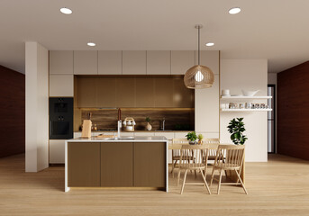 Sustainable kitchen design featuring elegant wood finishes. 3D render illustration