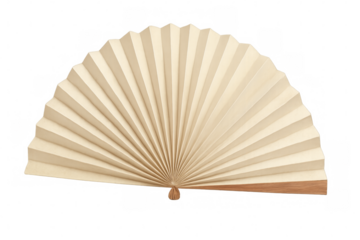 Beige handheld paper fan open on transparent background