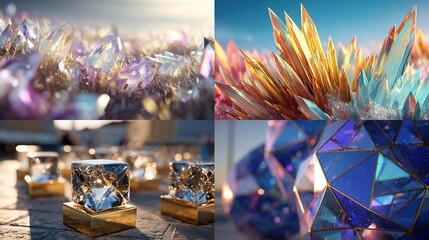 A digital art collage showcasing four close-up views of various crystal formations  faceted gems, clusters of sharp crystals in warm and cool tones, and geometric,