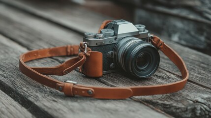 Camera On Strap. Professional Digital Photo Equipment Isolated on White Background