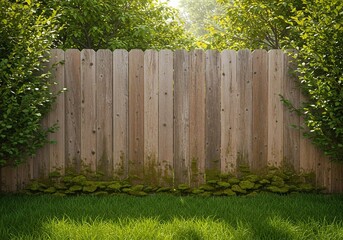 Fototapeta premium wooden fence with grass, Pressure washing cleaning wooden fence. Difference between clean dirty surface. Moss, algae, mildew removal from old weathered wood fence. Home improvement renovation, backyar