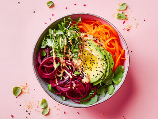 Healthy Spiralized Beet and Carrot Salad with Avocado in a Bowl on Pink Background