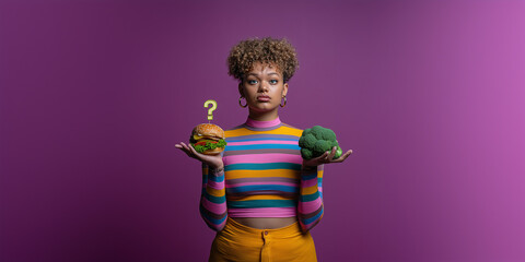 Woman attitude. Healthy dilemma. Choosing between vibrant junk food and fresh healthy options. A colorful and dynamic video concept about conscious eating habits.	