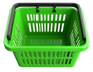 “3D Green Shopping Basket with Tilted Top View and Soft Shadow, PNG Isolated”.