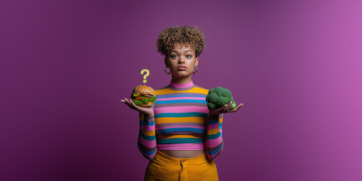 Woman attitude. Healthy dilemma. Choosing between vibrant junk food and fresh healthy options. A colorful and dynamic video concept about conscious eating habits.	