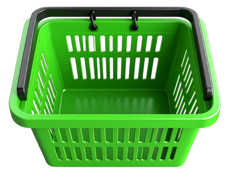 “3D Green Shopping Basket with Tilted Top View and Soft Shadow, PNG Isolated”.