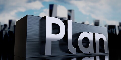 Plan - metal cuboid and skyscrapers - 3D illustration