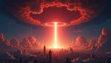 A city skyline enveloped by a fiery, apocalyptic event.