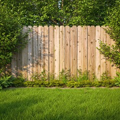 Fototapeta premium wooden fence and grass, Pressure washing cleaning wooden fence. Difference between clean dirty surface. Moss, algae, mildew removal from old weathered wood fence. Home improvement renovation, backyard
