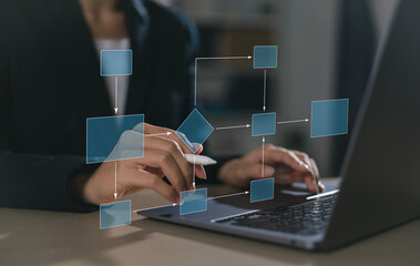 Business process and workflow automation with flowchart. Businessman in the background, managing...