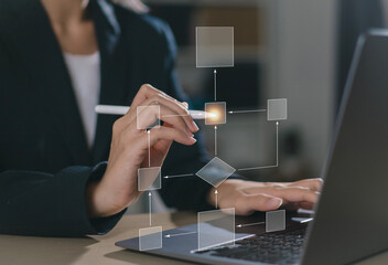 Business process and workflow automation with flowchart. Businessman in the background, managing...