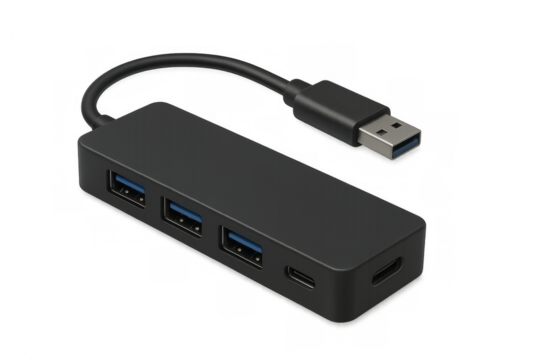 Black usb hub expanding connectivity with multiple ports on transparent background