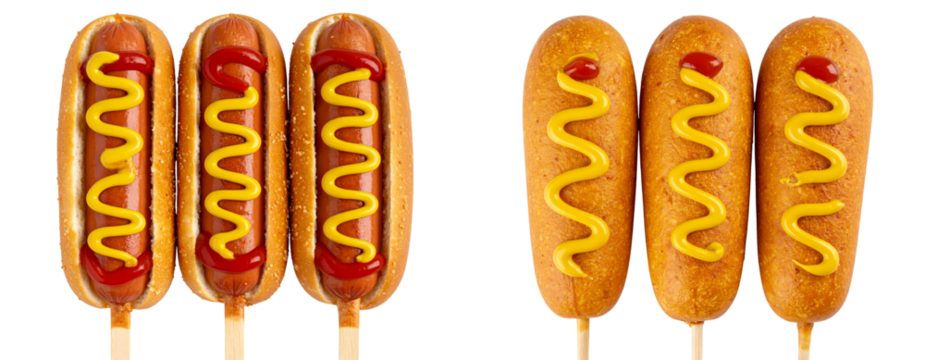 Corn Dogs with Drizzled Mustard and Ketchup, Overhead View Dark Transparent Background PNG