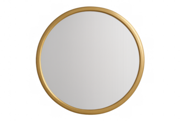 Round mirror with golden frame on transparent background reflecting light