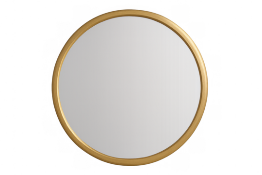 Round mirror with golden frame on transparent background reflecting light