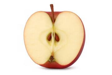 Red apple cut in half showing seeds and stem on transparent background