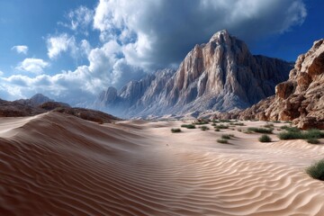 Fototapeta premium Vast desert landscape with majestic mountains and dramatic clouds under bright sky
