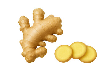 Fresh ginger root with slices on transparent background