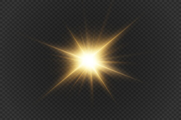 Golden glowing light burst with shining rays and lens flare. On transparent background