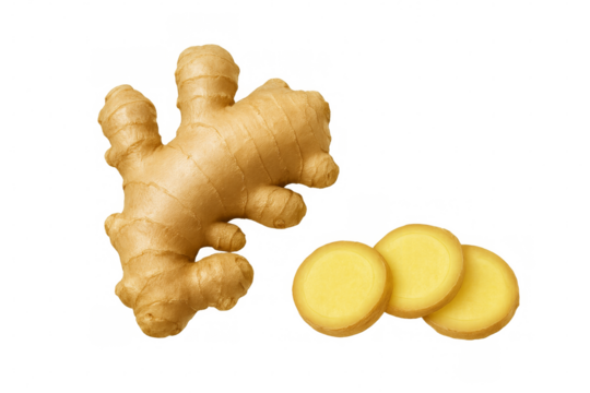 Fresh ginger root with slices on transparent background