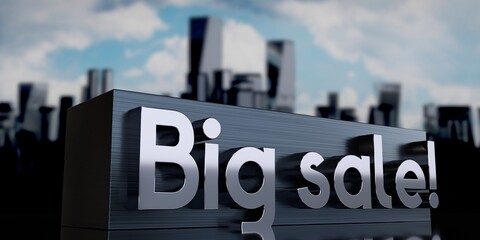 Big sale - metal cuboid and skyscrapers - 3D illustration