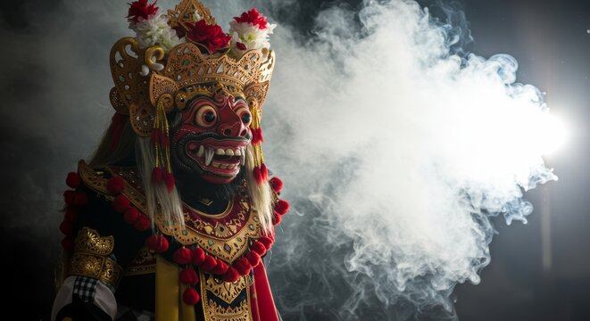 Balinese ogoh ogoh mask dancers with strong expressions, dense smoke background