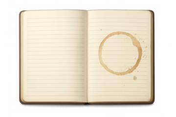 Open notebook with coffee stain on transparent background
