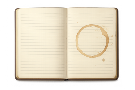 Open notebook with coffee stain on transparent background - Powered by Adobe