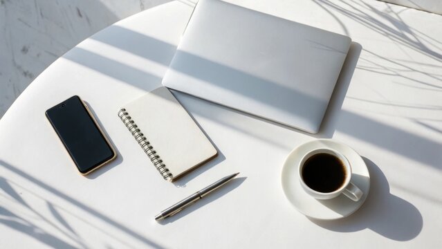 Modern workspace setup with laptop notebook phone pen and coffee on a white table