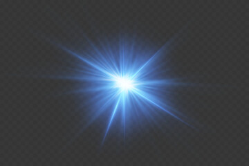 Obraz premium Blue glowing light explodes with shining rays and lens flares. On a transparent background