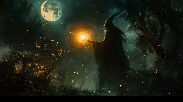 Mystical Wizard Casting Glowing Spell in Dark, Fantasy Sorcerer in Action