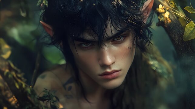 Young Handsome Black Haired Elf Man in Fantasy Myth