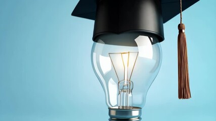 Illuminated lightbulb with a graduation cap emphasizing idea generation and academic concept against a clean blue backdrop.