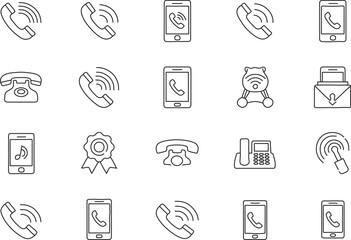 A collection of twenty minimalist mobile app user interface icons, featuring clean line art design. Perfect for app development, presentations, or website design.