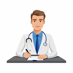 Fototapeta premium A smiling, confident physician in a white coat with a stethoscope and clipboard embodies professional healthcare