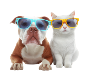 Funny dog and cat wearing colorful sunglasses, isolated on transparency background, playful and cool expression, friendship, pet companionship, humor, adorable animal duo