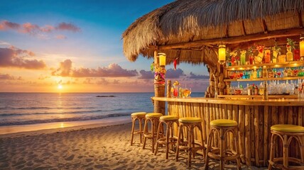 A vibrant beach bar with a thatched roof stands on a sandy shore, inviting guests to enjoy tropical drinks as a breathtaking sunset paints the sky
