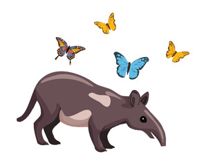 Tapir Walking with Butterflies in Nature