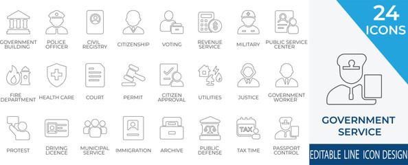 A professional line icon set showcasing essential government services and public administration. Perfect for use in civic apps, websites, and institutional publications.
