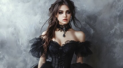 Luxury Brunette Woman in Gothic Style with Elegant Accessories and Dark Clothing