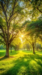 Obraz premium Soft sunlight filtering through trees on a green meadow