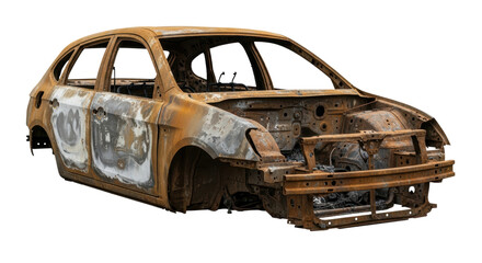 Burned out car wreck with rust and charred remains. Isolated car frame after a fire.