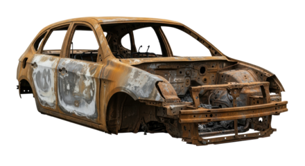 Burned out car wreck with rust and charred remains. Isolated car frame after a fire.