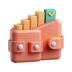 3d cartoon wallet with rising bar graph and checkmark symbolizing financial growth and success isolated on transparent background
