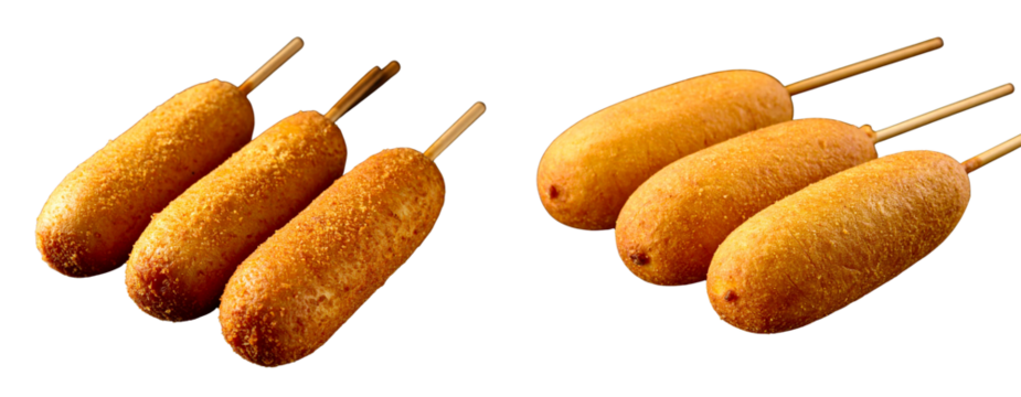  Golden Corn Dogs with Crispy Texture on Wooden Sticks, Diagonal Layout Black Transparent Background PNG