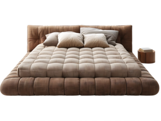 Cozy designer bed with quilted mattress isolated on transparent background