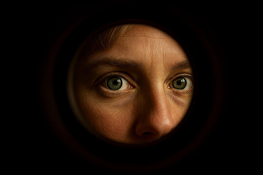 A woman looking through a hole in a tunnel. Concept of a tunnel vision and glaucoma eye disease awareness.