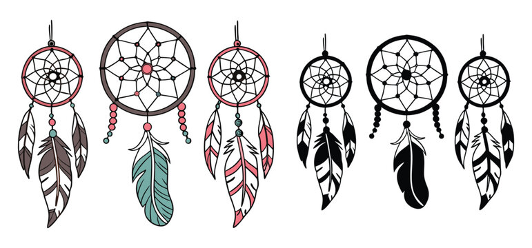 A collection of decorative stylized dreamcatcher illustrations with feathers and beads in several different color variations.