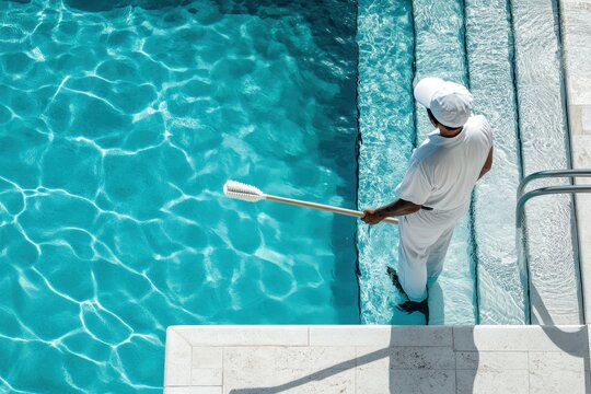 Clean and Refreshing Swimming Pool Scene with Maintenance Worker
