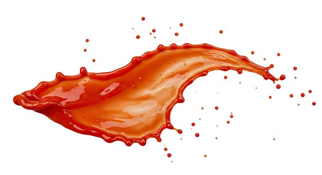 An isolated detailed depiction of a red liquid splash featuring small droplets and a curved glossy form